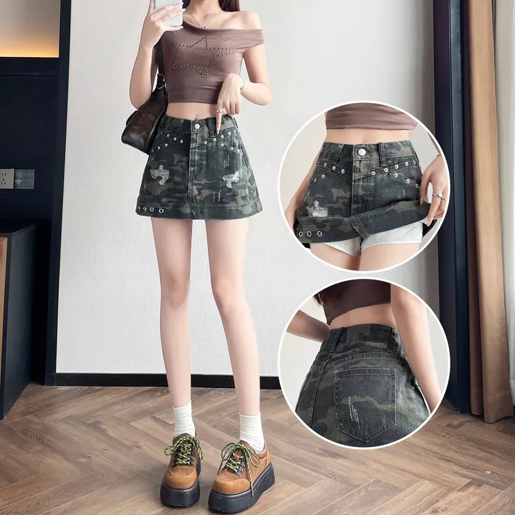 辣妹迷彩磨破牛仔短裙女2025年新款夏季薄款高腰显瘦包臀半身裙子