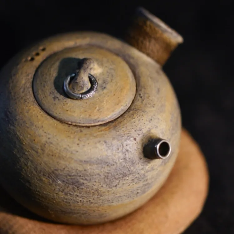 粉引侧把煮水壶 包银口 银环 大容量 景德镇手作器物