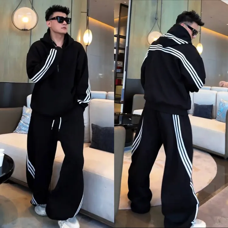 秋季新款潮牌半拉链三条杠设计感连帽卫衣休闲运动套装男士高品质