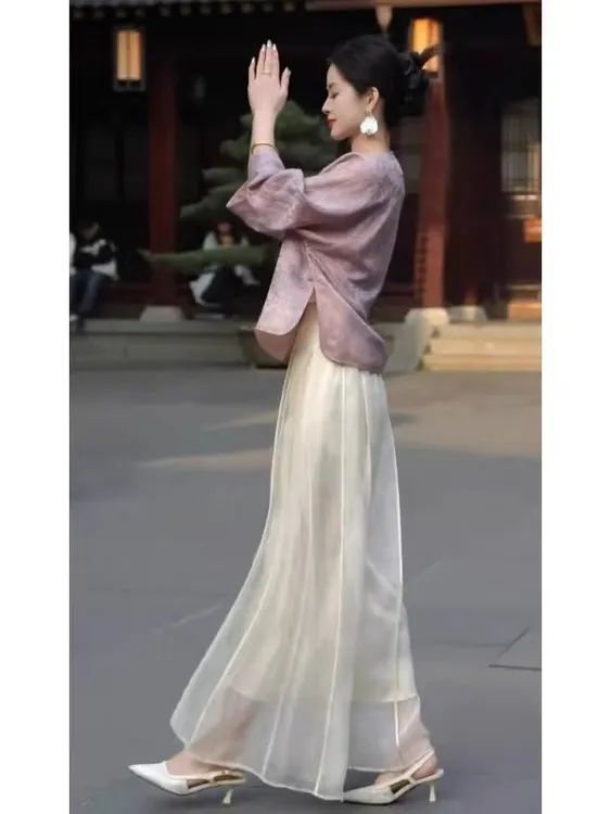 2025新款新中式国风紫色衬衫高级感女装唐装气质上衣裙子两件套女