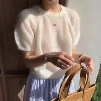 圆领宽松纯色短袖泡泡袖套头设计感套头款女百搭-2519