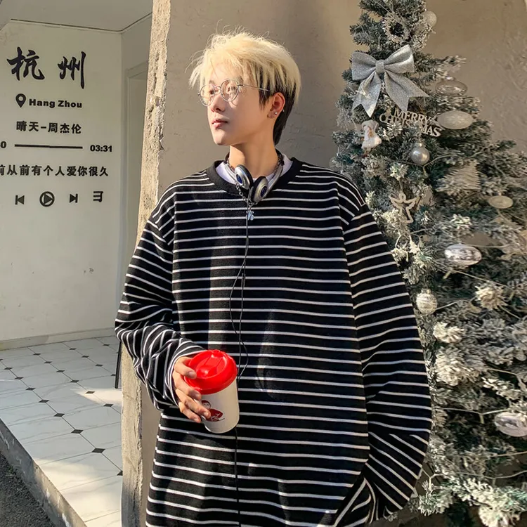 黑色条纹长袖t恤男款春季青少年美式圆领卫衣oversize内搭打底衫
