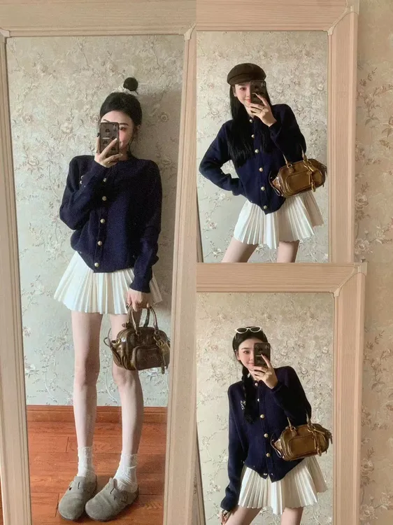 2025春季新款韩系设计感金扣藏青色毛衣开衫白色百褶半身裙两件套