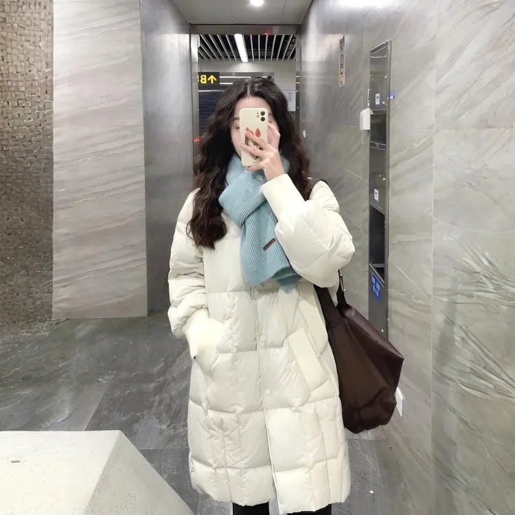 小个子高级感韩系白色圆领中长款棉服女2025冬季必备加厚保暖外套