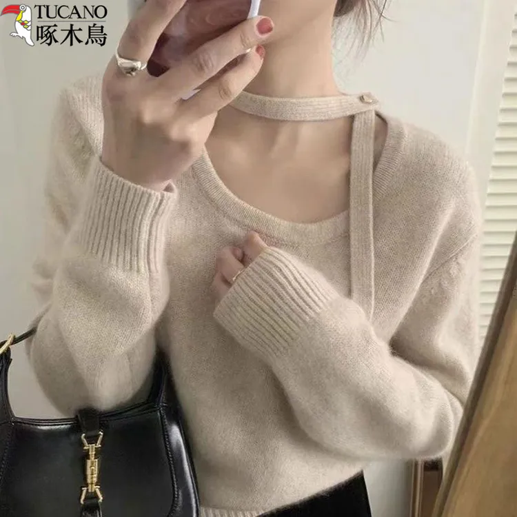 TUCANO/啄木鳥秋冬设计感圆领飘带毛衣时尚打底衫针织衫短款女装