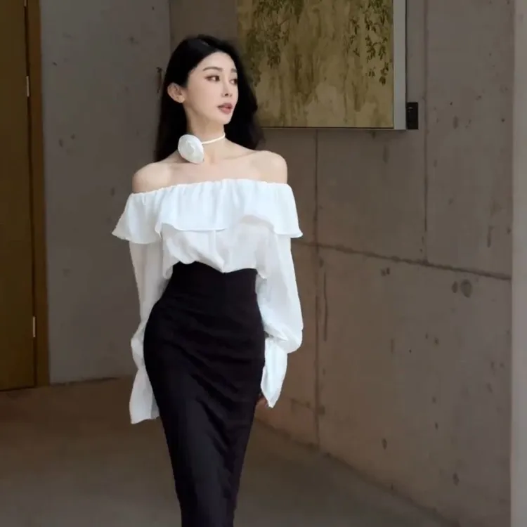 网红同款灯笼袖荷叶一字领露肩上衣+高腰鱼尾长裙两件套女套装潮