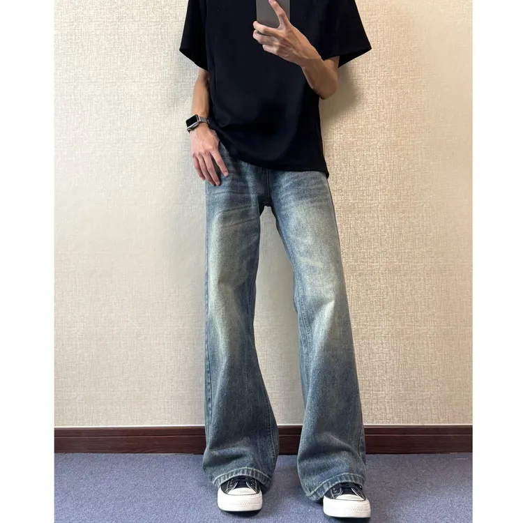 复古美式水洗猫须纹牛仔裤宽松重磅秋季男女潮流cleanfit微喇长裤