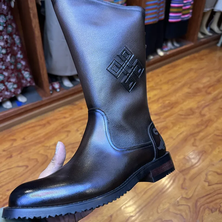 民族风牛皮印花男士中筒圆头马靴百搭时尚