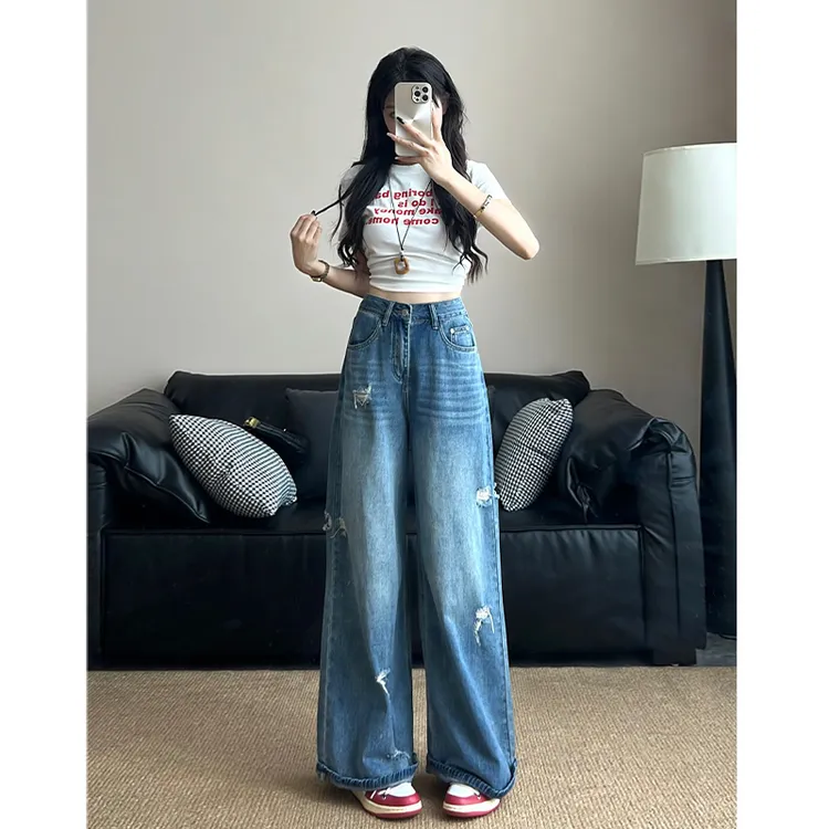 乔栈美式复古蓝破洞卷边设计阔腿牛仔裤女秋季新款高腰宽松直筒裤
