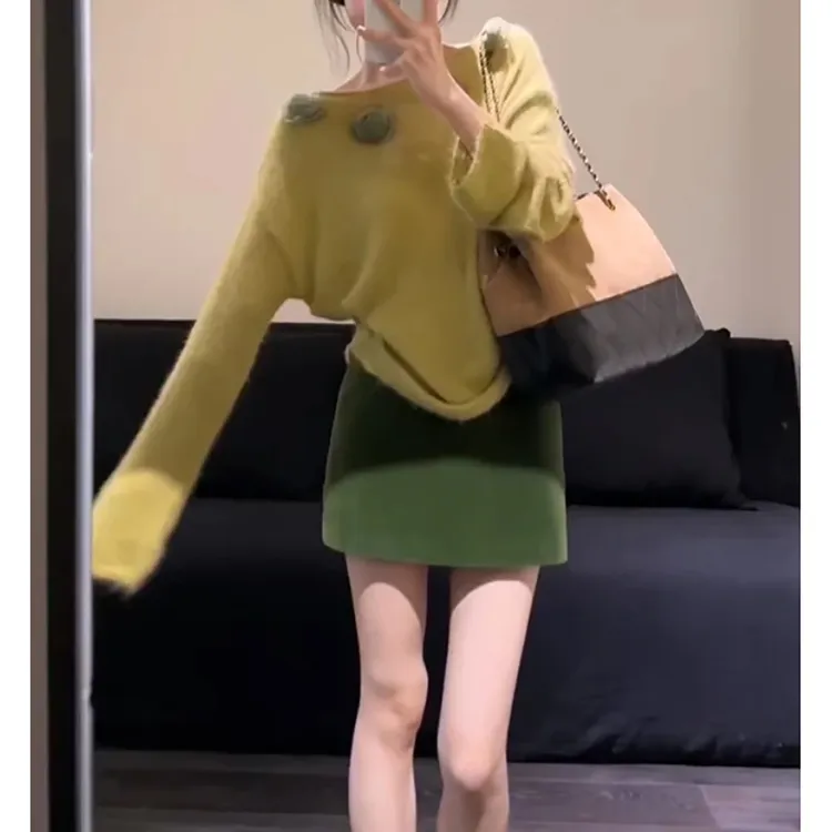 入秋穿搭一整套女装韩系穿搭花朵长袖针织衫气质高腰A字短裙套装