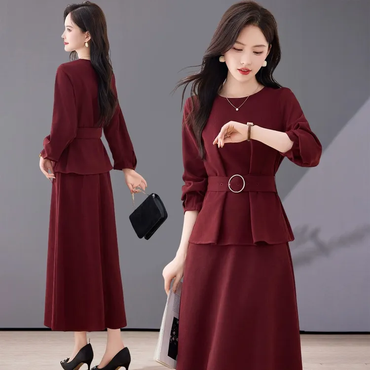 安可拉红色连衣裙女2025新款春秋轻奢高级感气质通勤洋气显瘦裙子