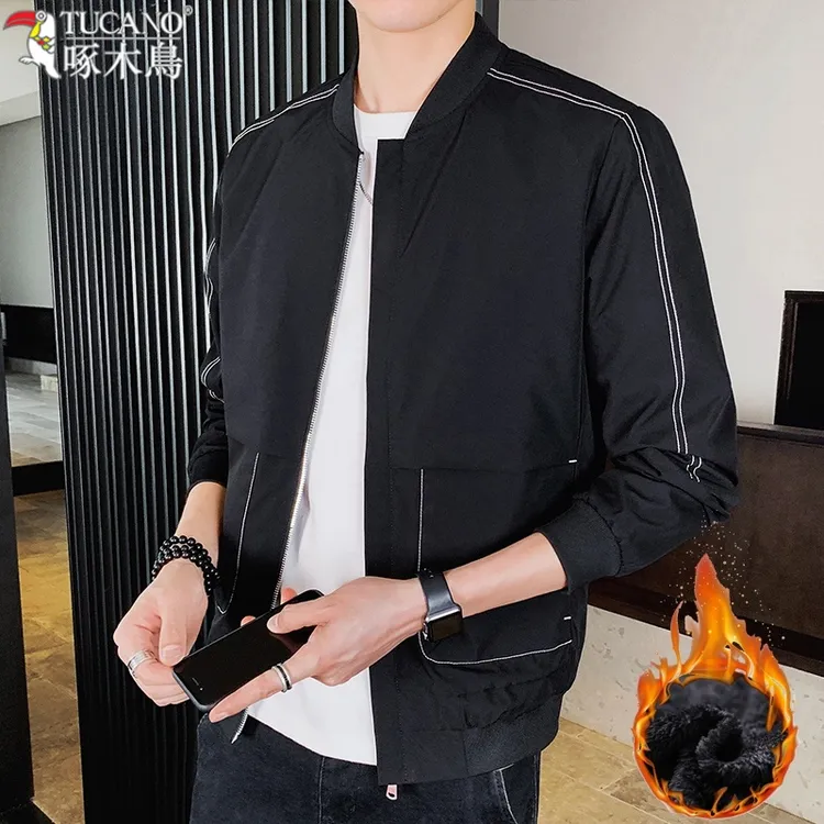 啄木鸟男士休闲冲锋夹克秋冬新款棒球服加绒加厚韩版潮流夹克外套