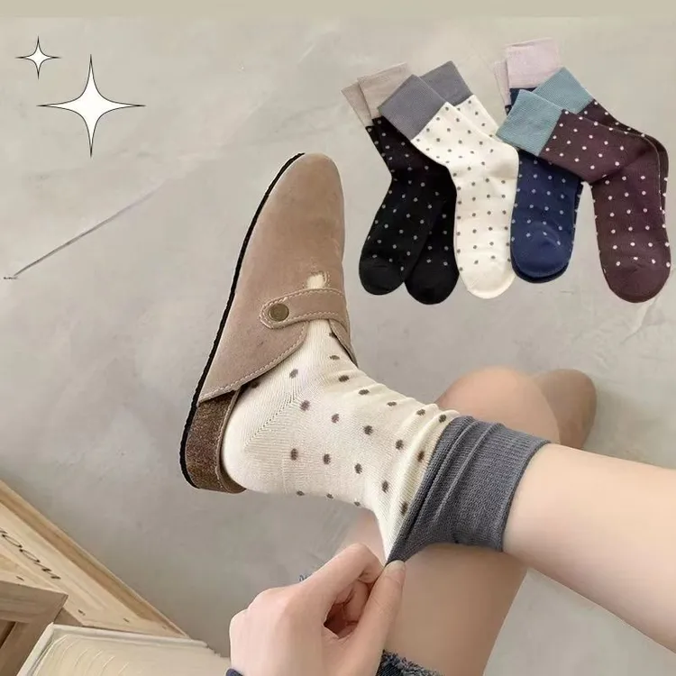 日系波点个性撞色中筒袜子女学院风百搭复古森系堆堆袜