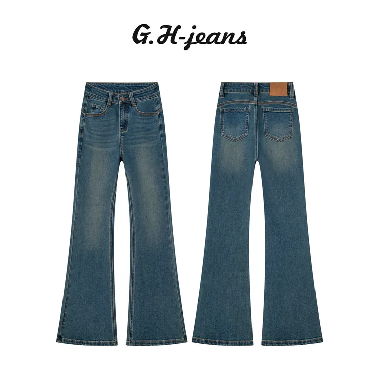 【G.H】秋季新款黛蓝三本针工艺爆款中高腰弹力修身显瘦微喇牛仔裤