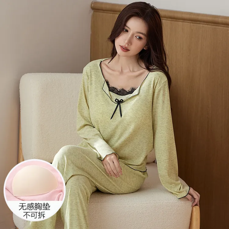 睡衣女秋冬季公主风莫代尔带胸垫长袖冬天2025新款绿色套装家居服