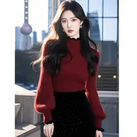 针织衫上衣女秋季新款慵懒气质内搭红色毛衣