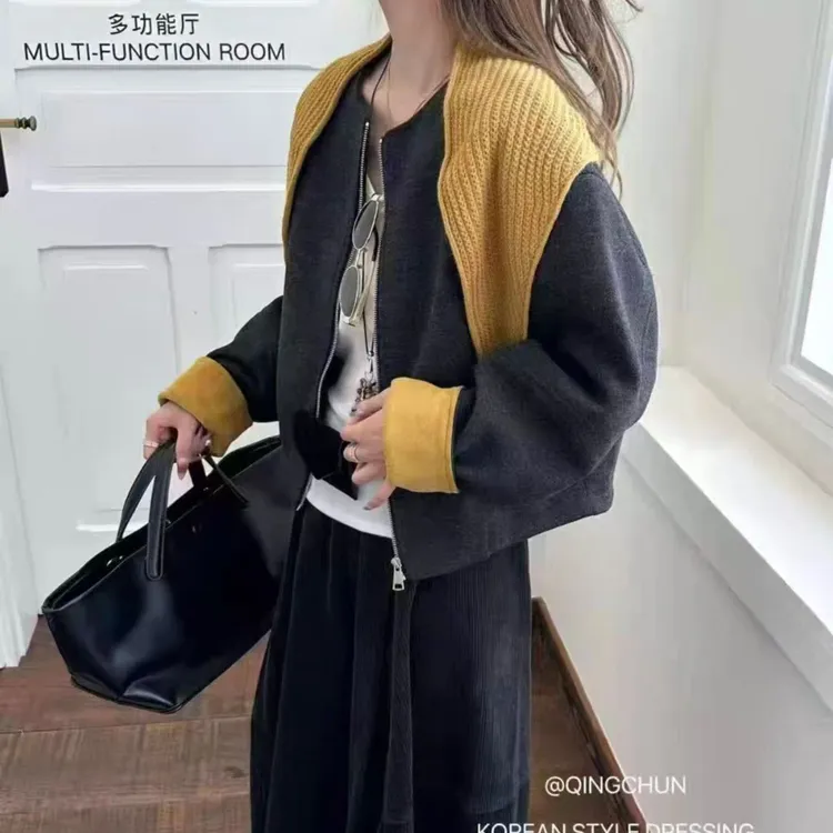 高端欧货2025年秋装新款圆领针织披肩两件套撞色拉链毛呢短外套女
