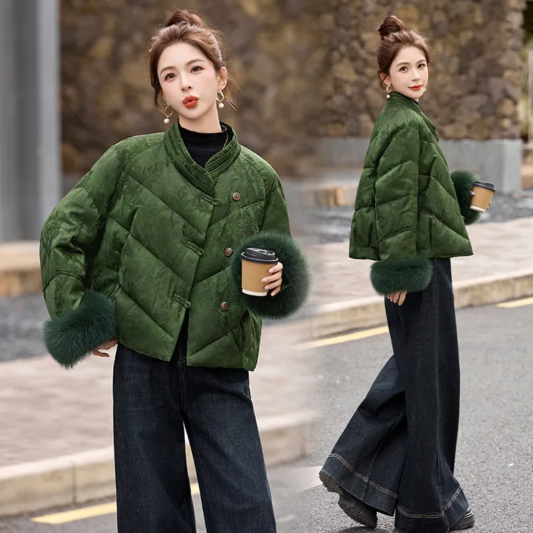 新中式国风提花羽绒服女短款2025冬季新款时髦洋气狐狸毛拼接外套