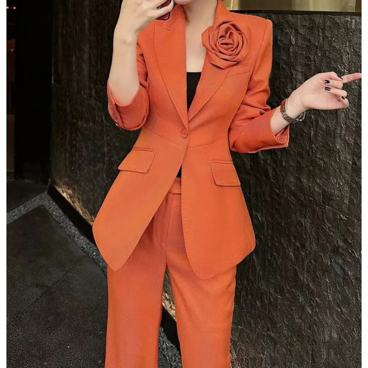 2025端橘色西服套装女新时尚休闲职业西装两件套外套修身气质名媛