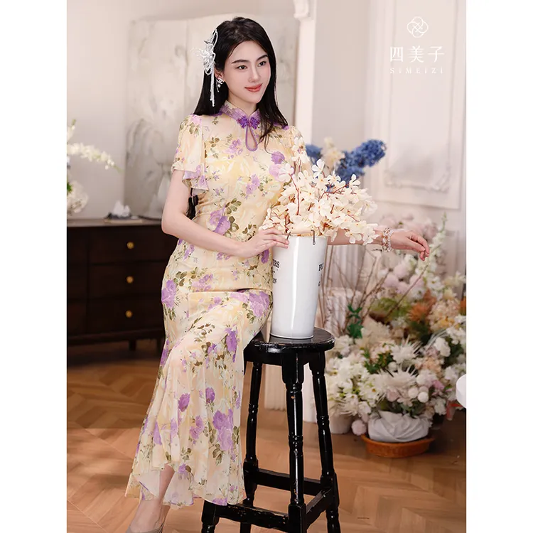 四美子【蔷薇幻想】新款新中式亲肤透气浪漫蔷薇印花旗袍裙连衣裙