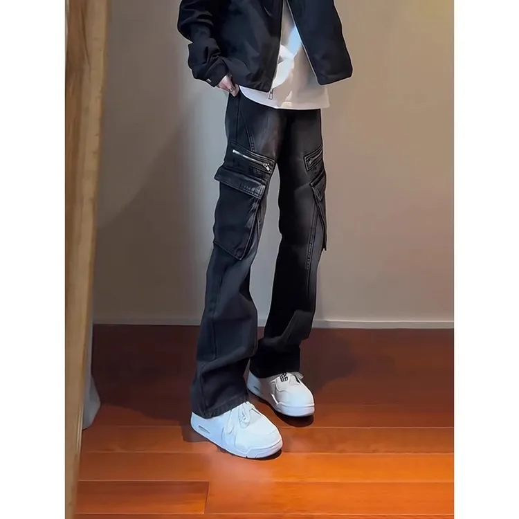 黑色裤子男潮流口袋工装牛仔裤男宽松直筒高街美式弯刀微喇裤
