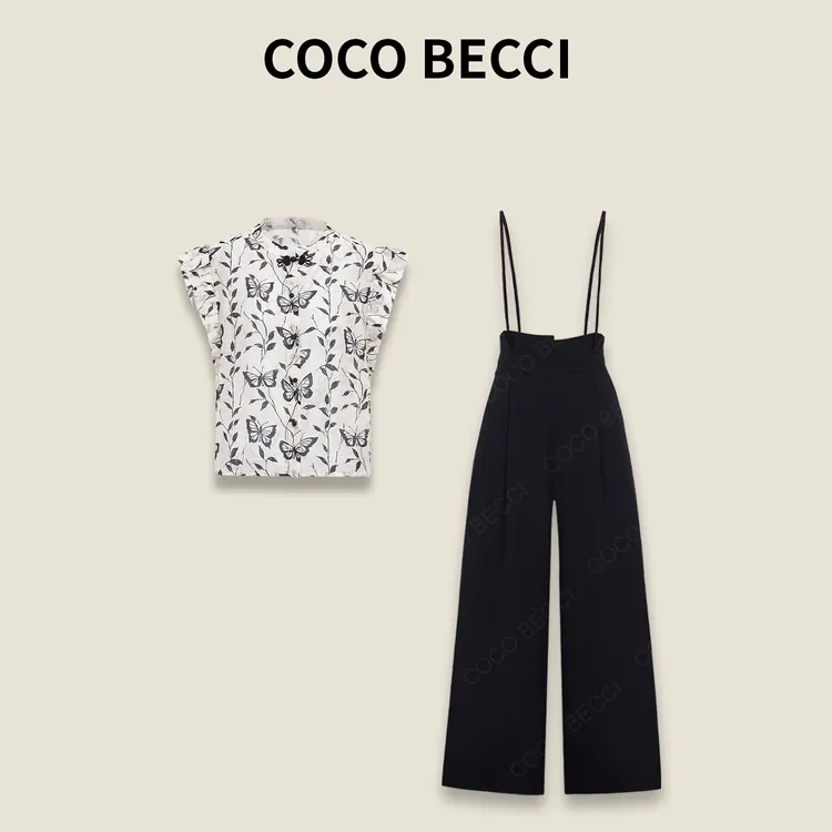 COCO BECCI【蝶舞清风】亚麻混纺印花时尚百搭两件套CFXYC154057