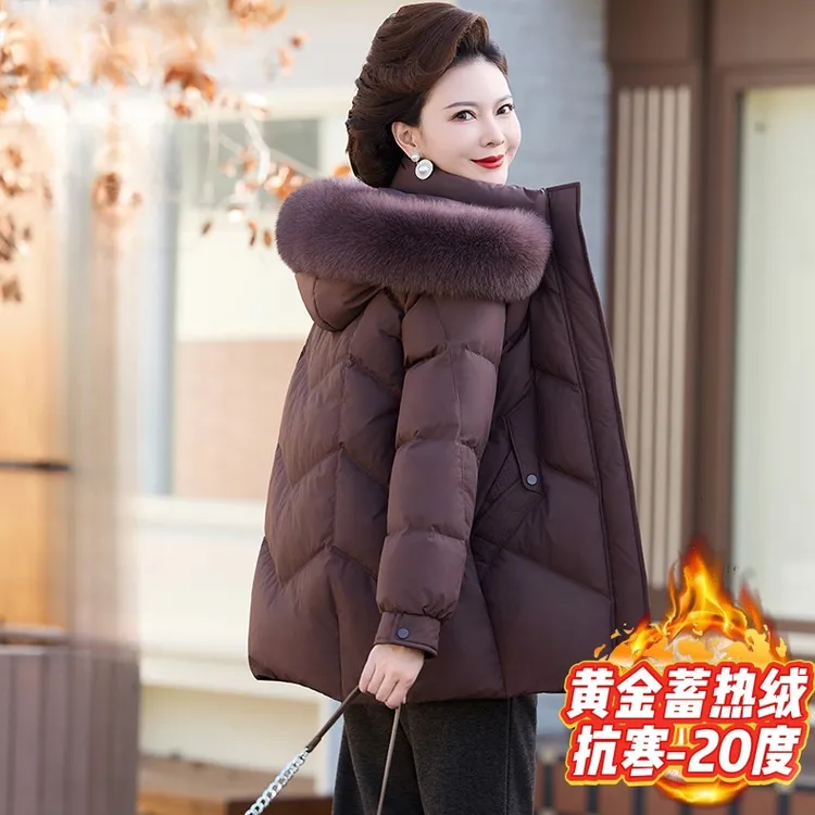 妈妈棉服气质简约大气棕色大毛领外套中老年人女装冬季保暖棉衣