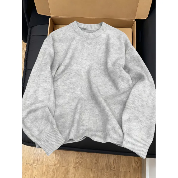  cleanfi浅灰色毛衣男秋季高级感圆领内搭打底衫宽松慵懒风针织衫