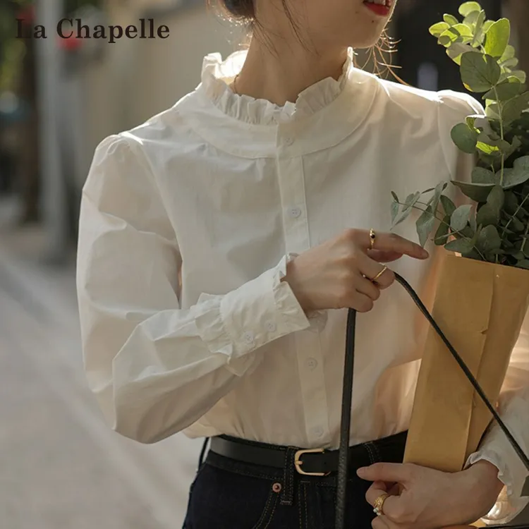 拉夏贝尔白色花边领衬衫女春夏2025新款韩系立领小衫内搭长袖上衣