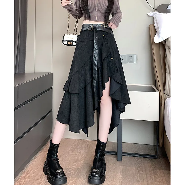 欧美个性辣妹风不规则鹿皮绒半身裙女新款高腰a字百搭显瘦半裙子