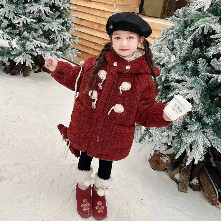 女童外套#羊羔绒洋气红色外套#毛呢加绒儿童最新款