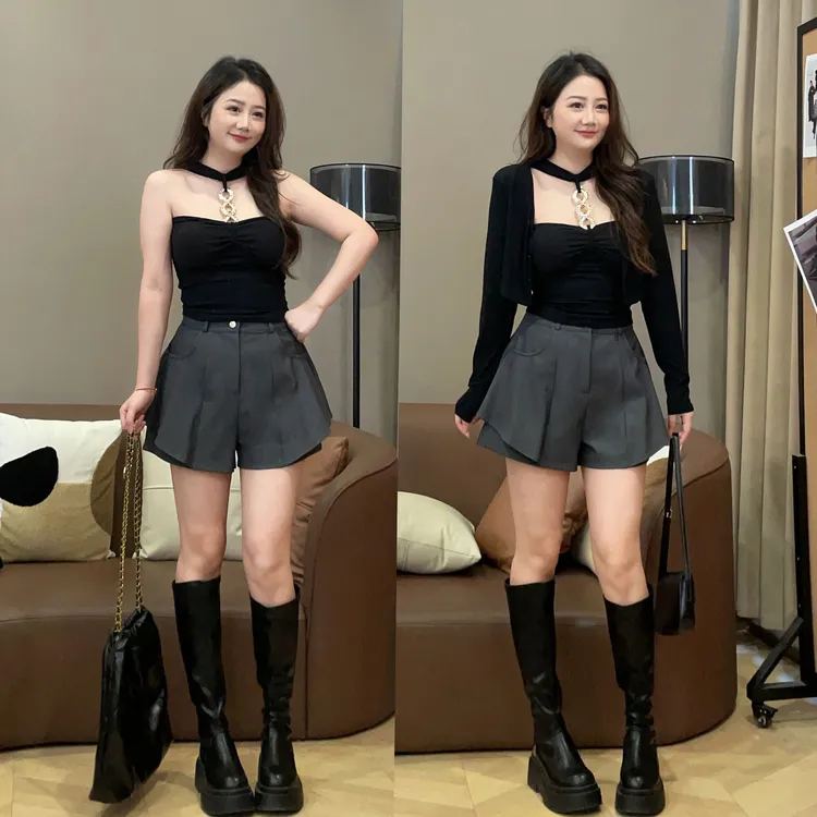 大萌萌【现货】小众设计感挂脖抹胸上衣开衫微胖显瘦套装P225U14485