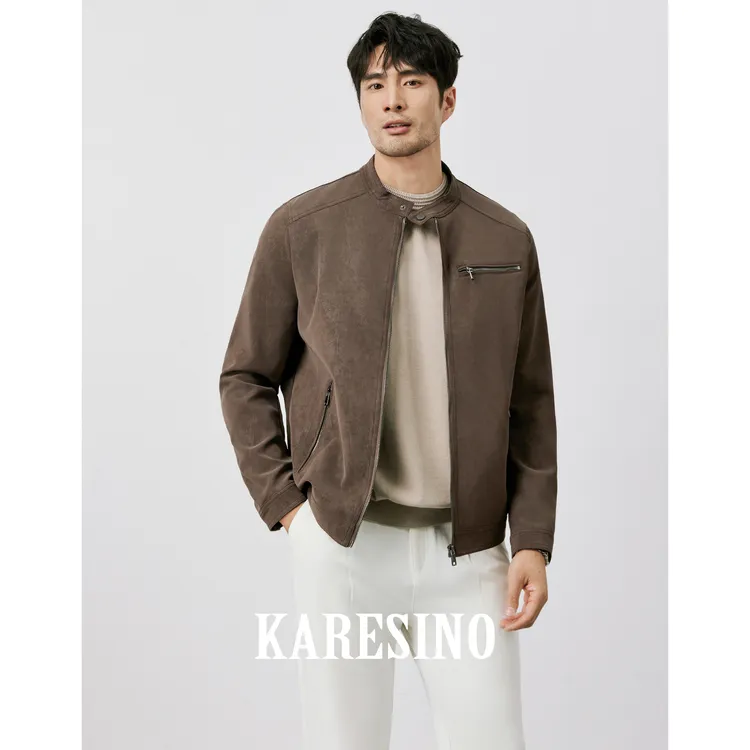 KARESINO美式休闲棕色立领皮衣男短款秋季男士美拉德复古夹克外套