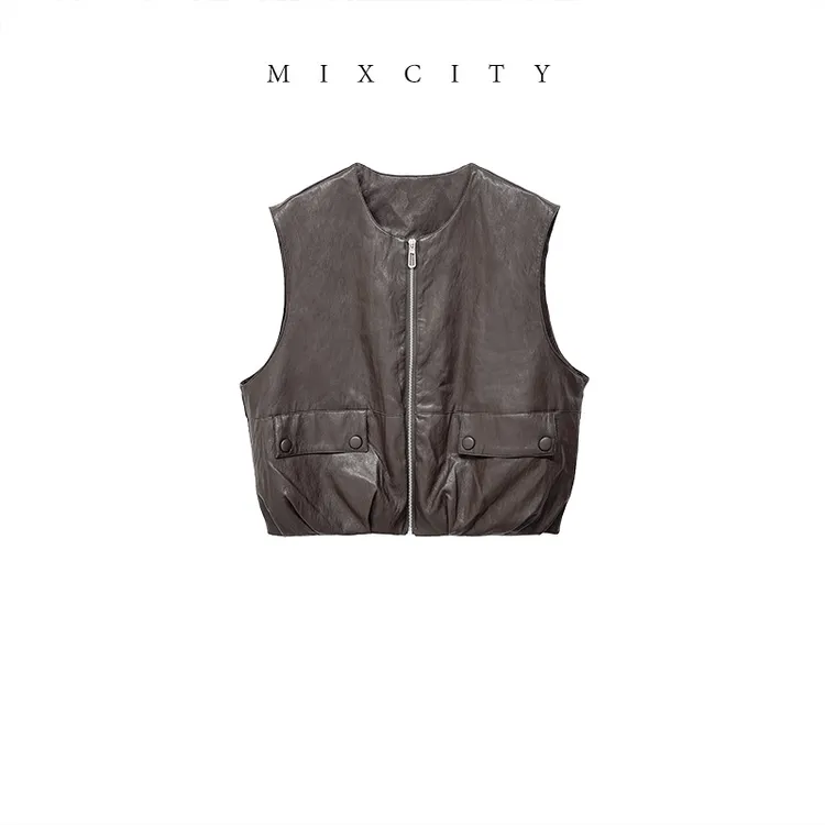 【MIXCITY亚楠家】皮马甲◆复古皮马甲白鸭绒羽绒服外套9283