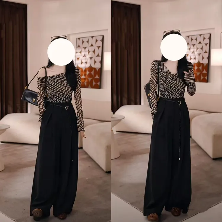 秋季韩版高级感条纹斜领长袖打底上衣女高腰宽松西装阔腿裤两件套