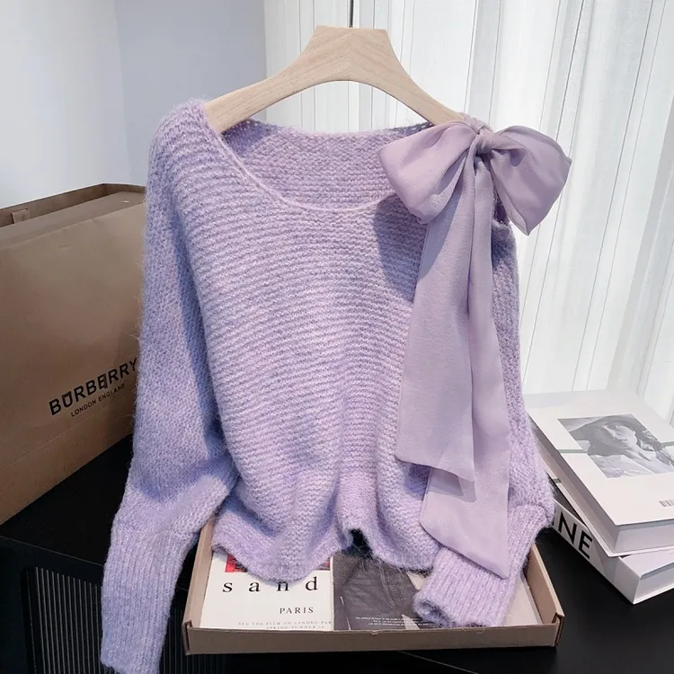 紫色蝴蝶结亮片系带针织衫女秋冬2025新款慵懒风宽松洋气毛衣上衣