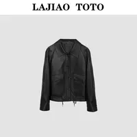 LAJIAO TOTO老钱风女款绵羊皮A级休闲复古轻奢夹克皮衣外套#5525