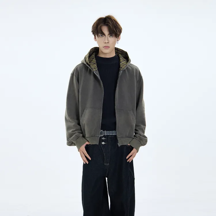 CDDR水洗做旧双层帽拉链卫衣开衫格纹拼接boxy连帽衫外套cleanfit