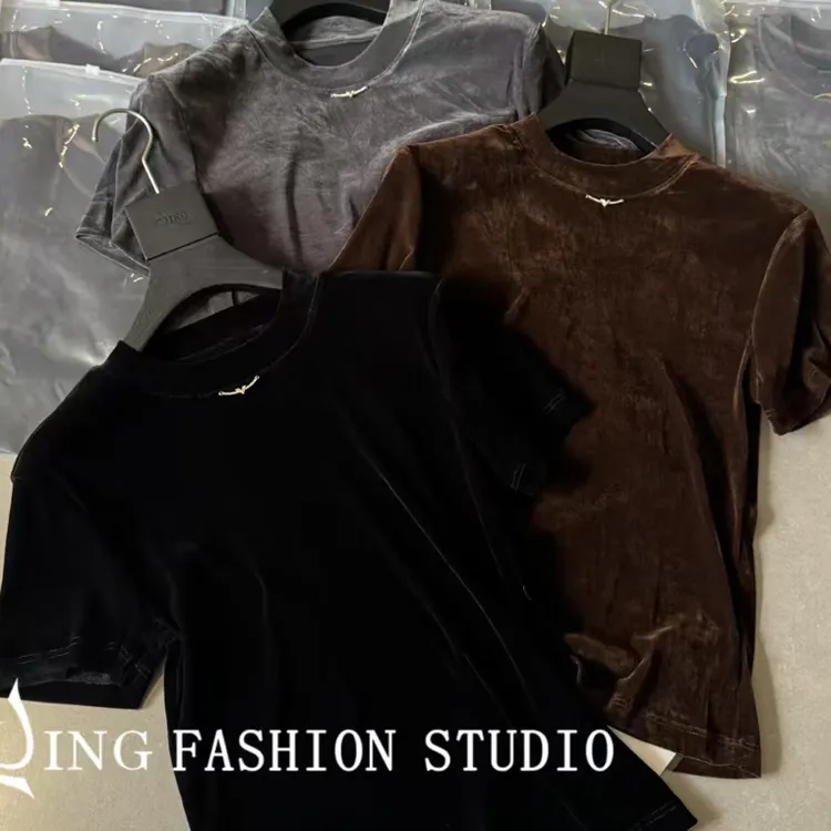 JING2025《顶配金条丝绒》纯色短袖T恤舒适百搭上衣女