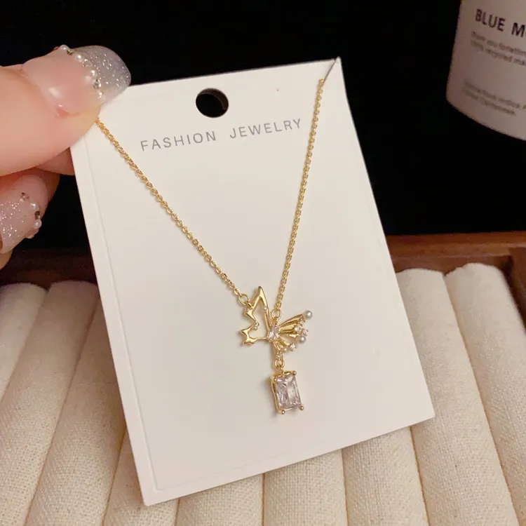 铜合金合成锆石项链 韩式设计感蝴蝶方钻个性精致甜美气质锁骨链