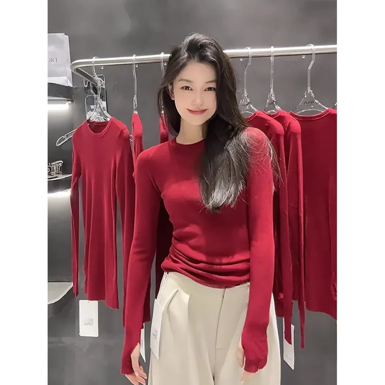 安哥拉红色圆领针织衫女秋冬韩系氛围感红茶风穿搭修身打底衫上衣