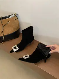 法式细跟水钻短靴~女2025秋冬新款尖头小香风瘦瘦靴6016-99/A14