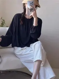 纯色设计感洋气别致短款圆领套头衬衣