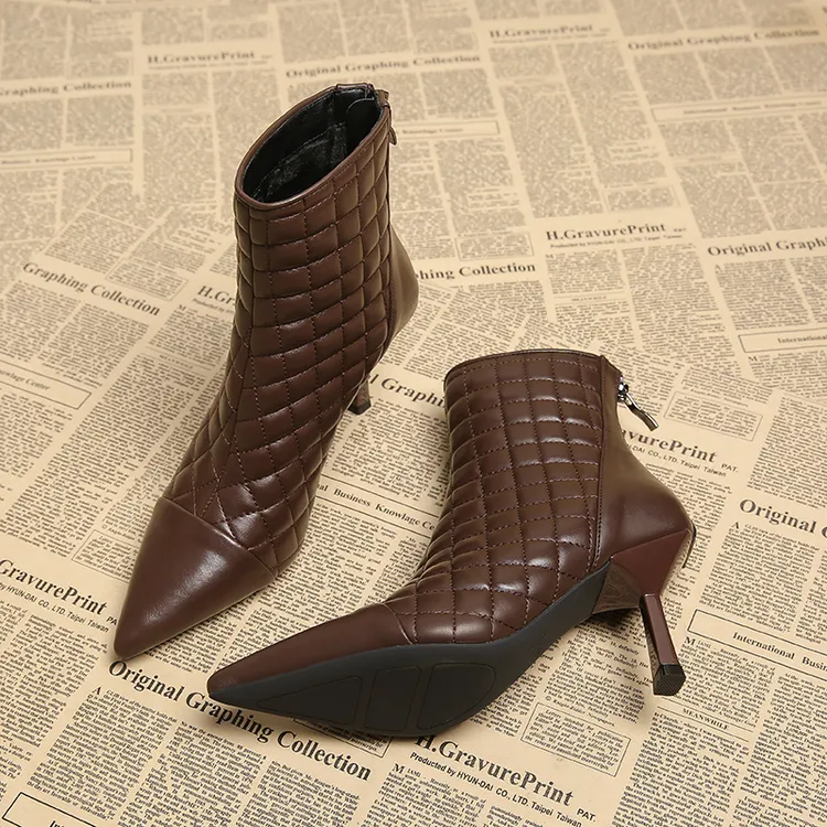 法式细跟短靴女2秋冬新款名媛气质真皮高跟马丁靴菱格设计感踝靴