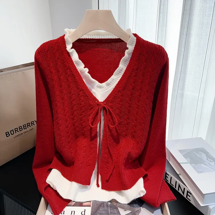 超好看假两件红色针织开衫女秋小个子慵懒高级感V领软糯毛衣上衣