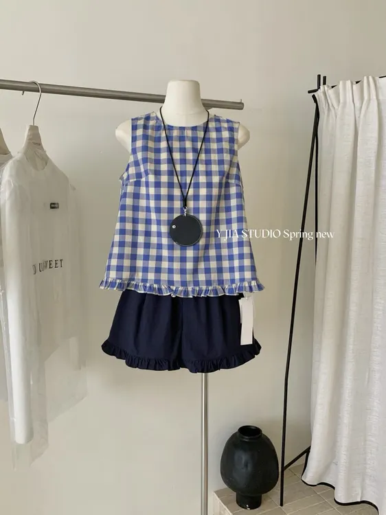 宽肩带格子无袖背心女夏季搭配荷叶边短裤套装新款女装甜美可爱