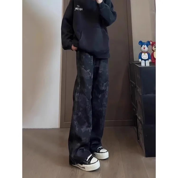 蛇纹黑色迷彩牛仔裤男春季美式高街cleanfit裤子潮牌直筒微喇长裤