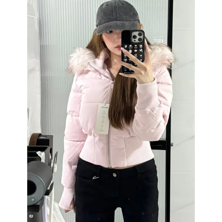 粉色连帽羽绒I服女冬季大毛领收腰小个子短款90白鸭绒面包服外套