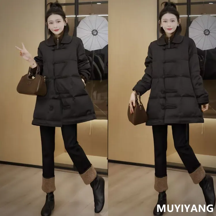 【黛扣】设计感小众一字扣90白鸭绒高定羽绒服 衣长79 25-616#