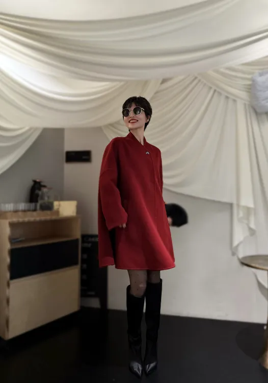 [青沁]2025早秋新款焕新女装手工缝制斗篷羊毛大衣气质大牌中长款